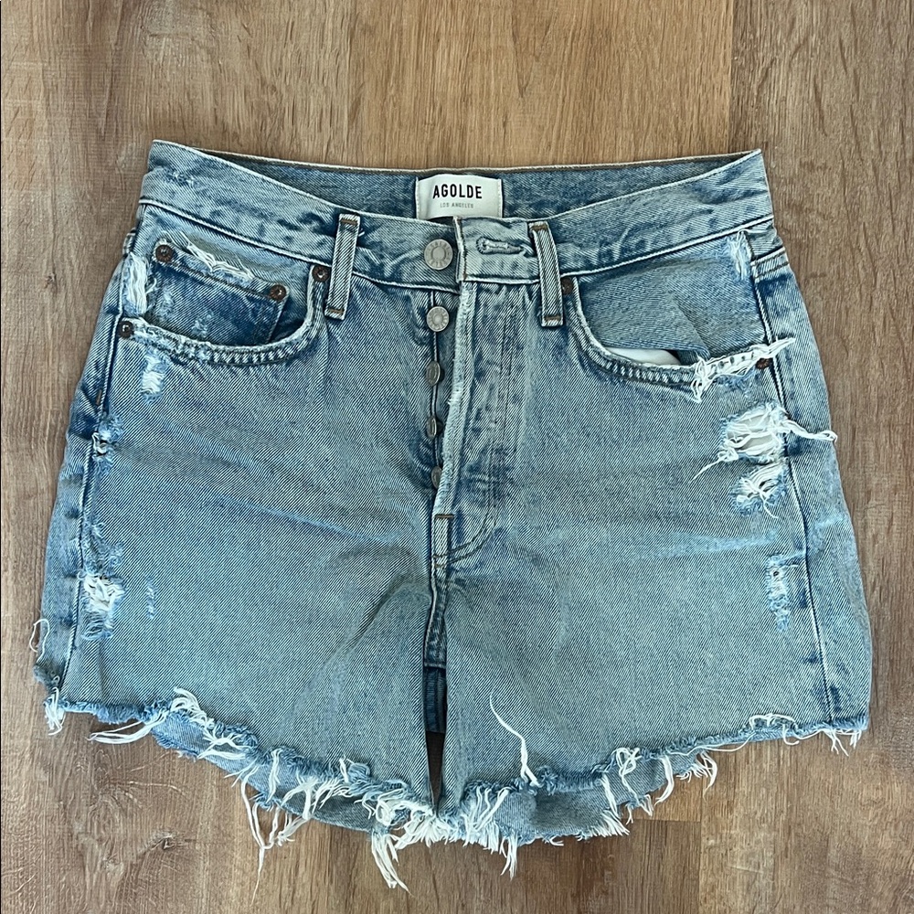 Agolde Light Blue Ripped Denim Shorts